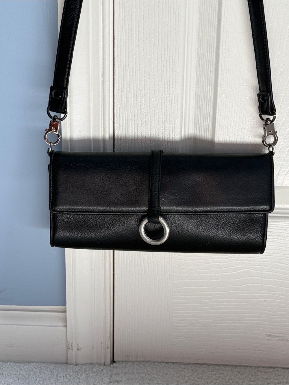 Ann Taylor Black Leather Crossbody with Silver Ring Accent